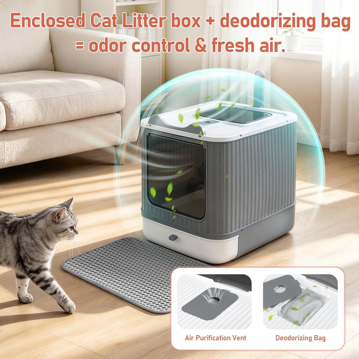 LCZLBRRD Covered Cat Litter Box with Lid for Kitten to Medium, Grey-White