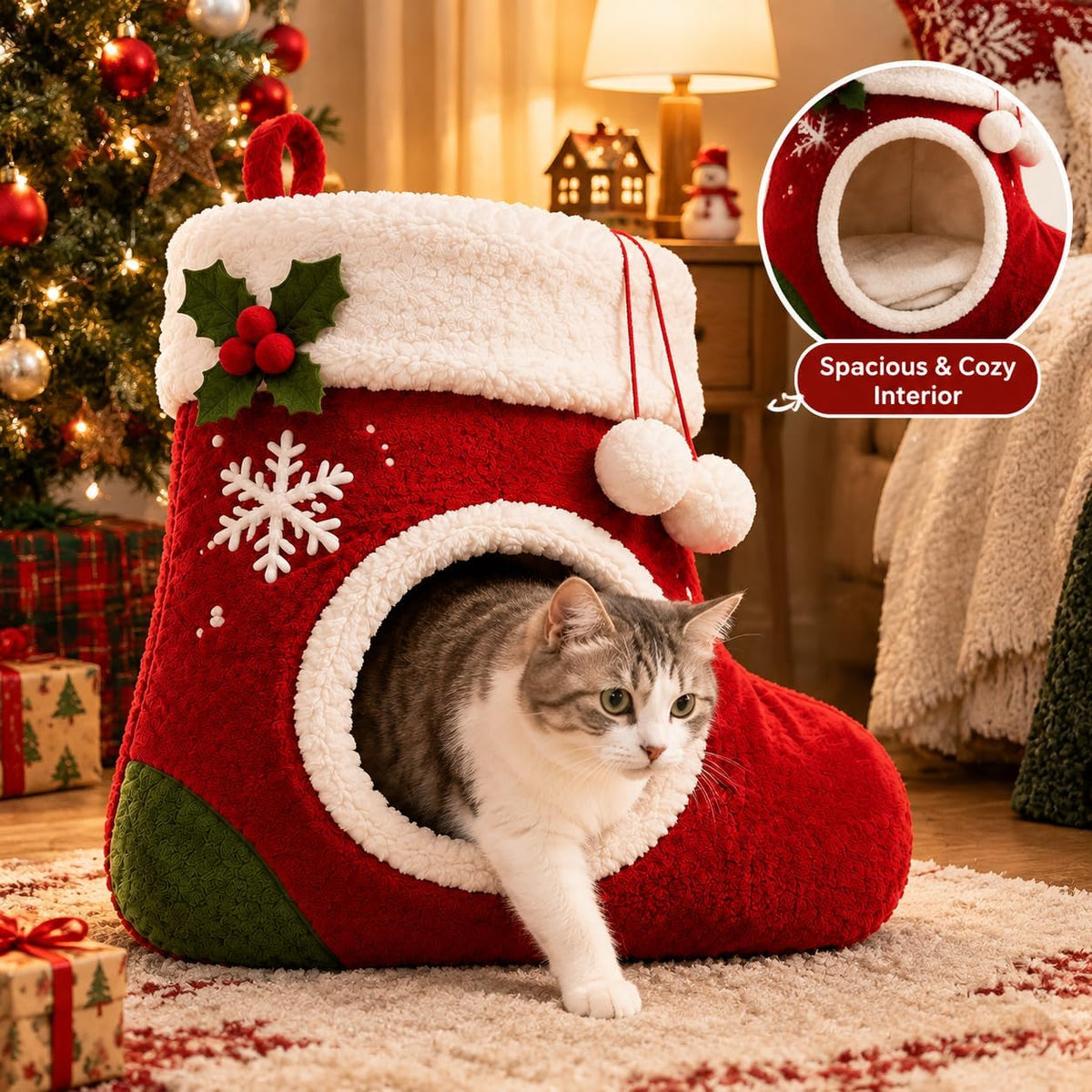 Christmas Cat Cave Bed Enclosed Cat House for Indoor Cats Christmas Stocking Shape Warm Soft Plush Cat Hideaway Bed Anti