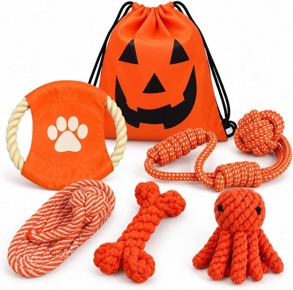 Halloween Rope Dog Toys 5-Piece Set with Pumpkin Ghost Bag