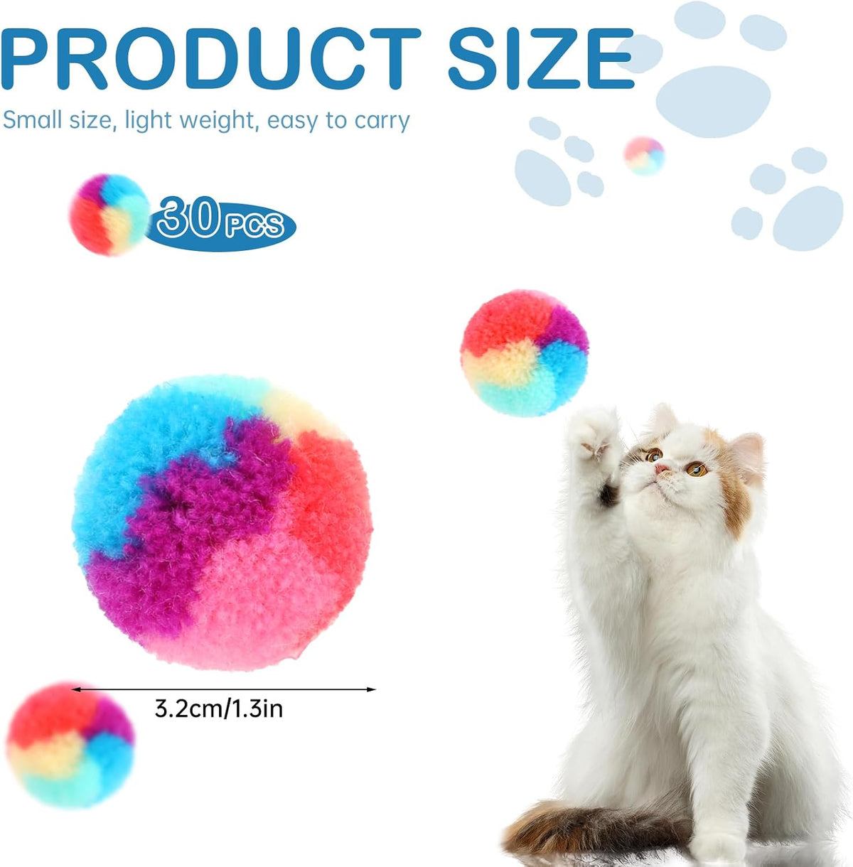 KALIONE 30 Pcs Soft Plush Cat Ball 1.2-inch Rainbow Cat Toy Balls Fuzzy Kitty Balls Kitten Puff Balls Colorful Cat Pom P
