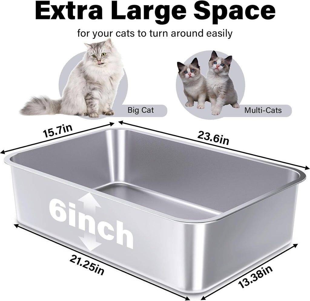 Stainless Steel Litter Box, 23.6“x15.7"x6" Deep Stainless Steel Cat Litter Box Extra Large, XL Metal Litterbox for Big C