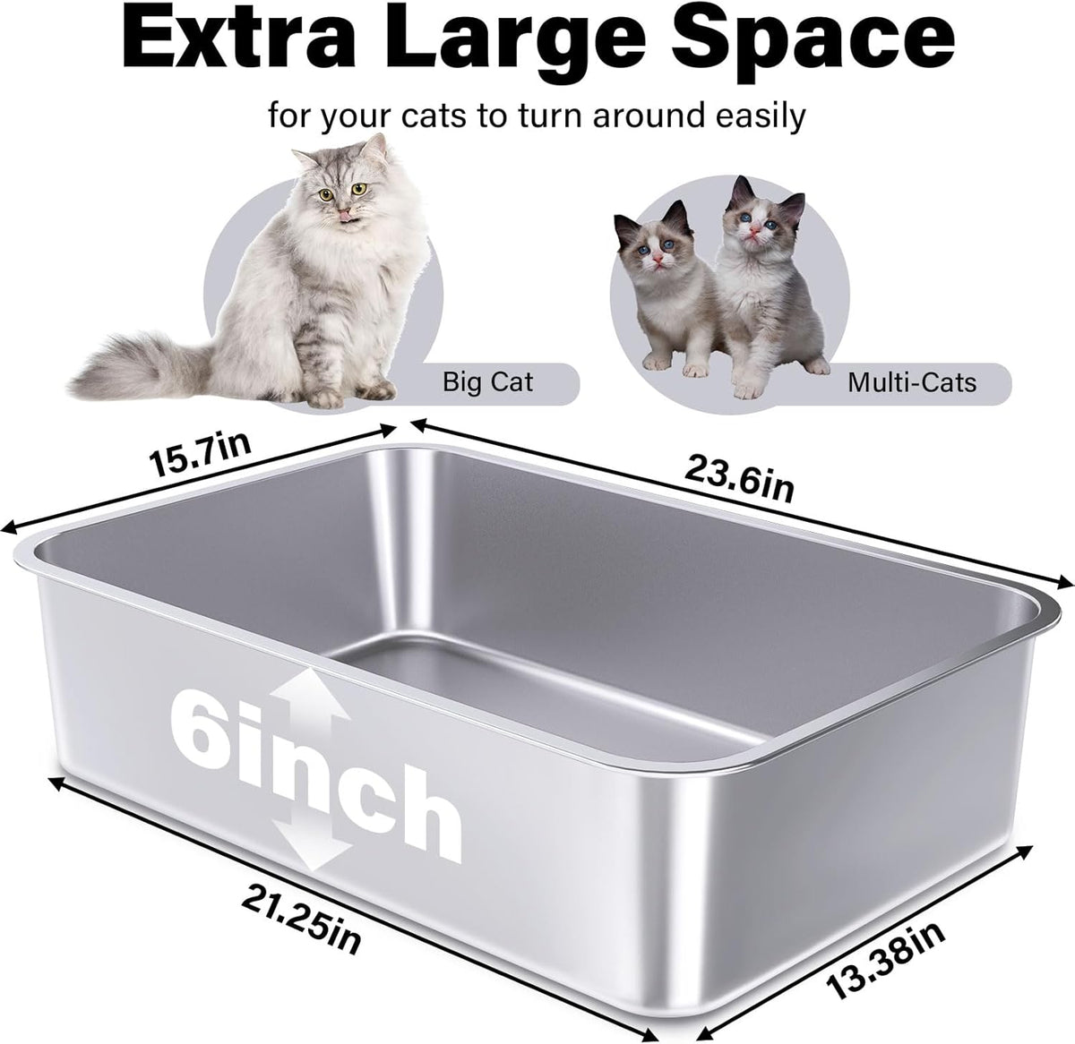 Stainless Steel Litter Box, 23.6“x15.7"x6" Deep Stainless Steel Cat Litter Box Extra Large, XL Metal Litterbox for Big C