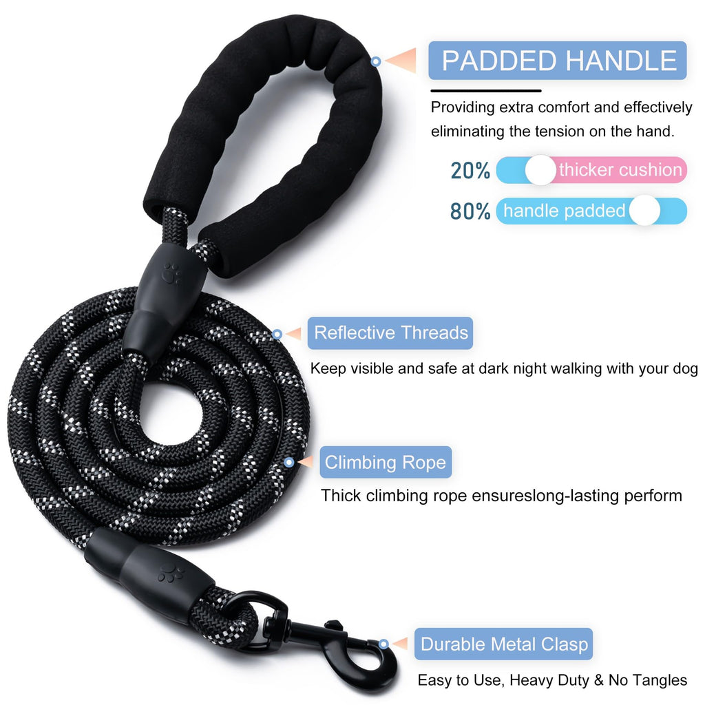 2 Pack Dog Leash, Heavy Duty Nylon Rope Pet Leashes (5FT-1/2,Black/Black)