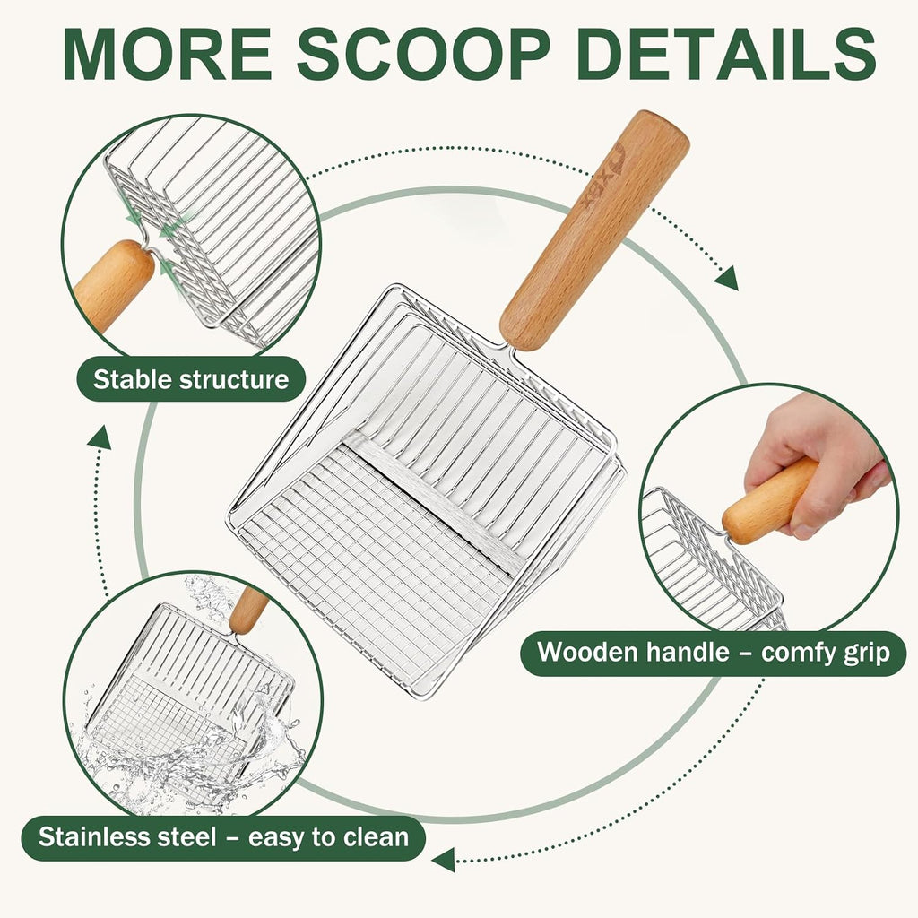 XBX Cat Litter Scoop with Holder, Heavy Duty Litter Sifter, Stainless Steel Litter Shovel, Litter Scooper with Beech Woo