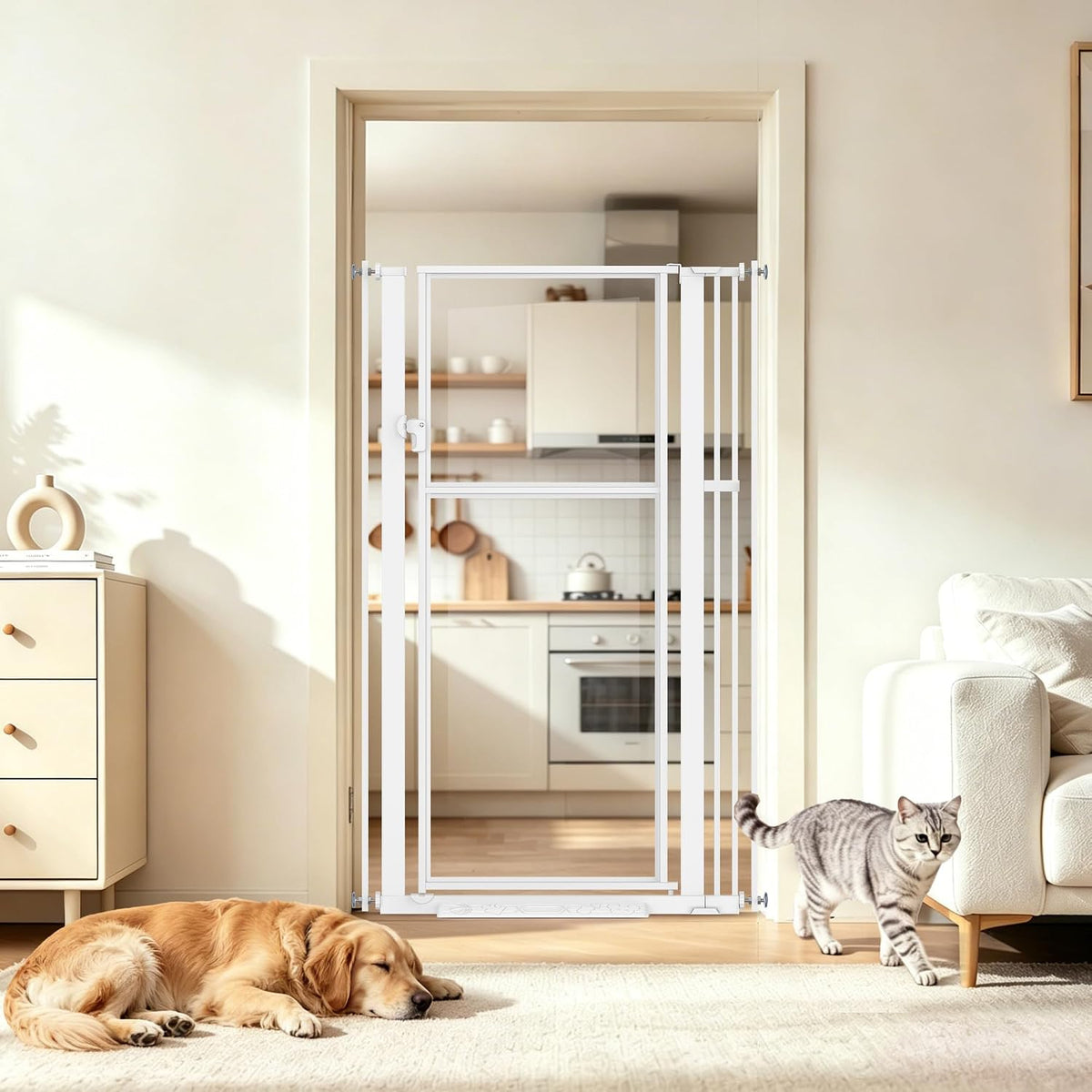 56" Extra Tall Clear Cat Gate, 29.5‑33.5" Wide Pet Gate for Doorways, White