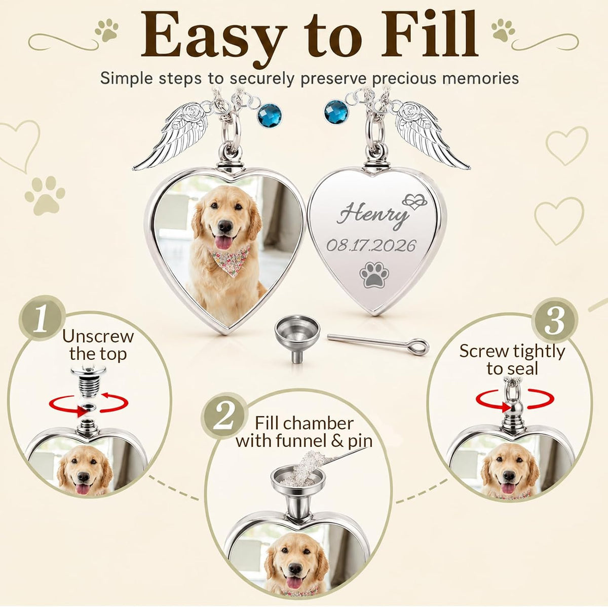 HJX Personalized Pet Ashes Necklace with Photo Text for Pet Lovers
