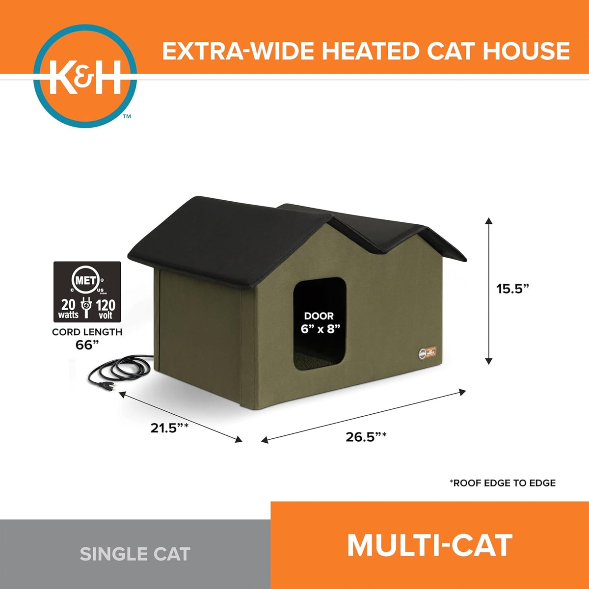 K&H Heated Cat House, Outdoor Extra-Wide Kitty House, Safety Listed, 20W