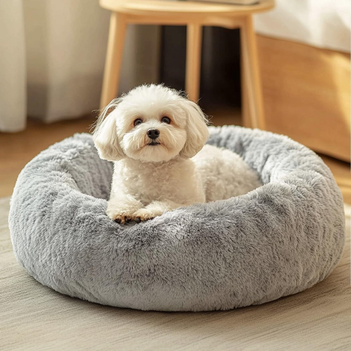 JOLLYVOGUE Small Dog Bed, Calming Soft Anti-Anxiety Donut Cat Bed, Washable Round Fluffy Cushion for Small and Medium Pets (20")