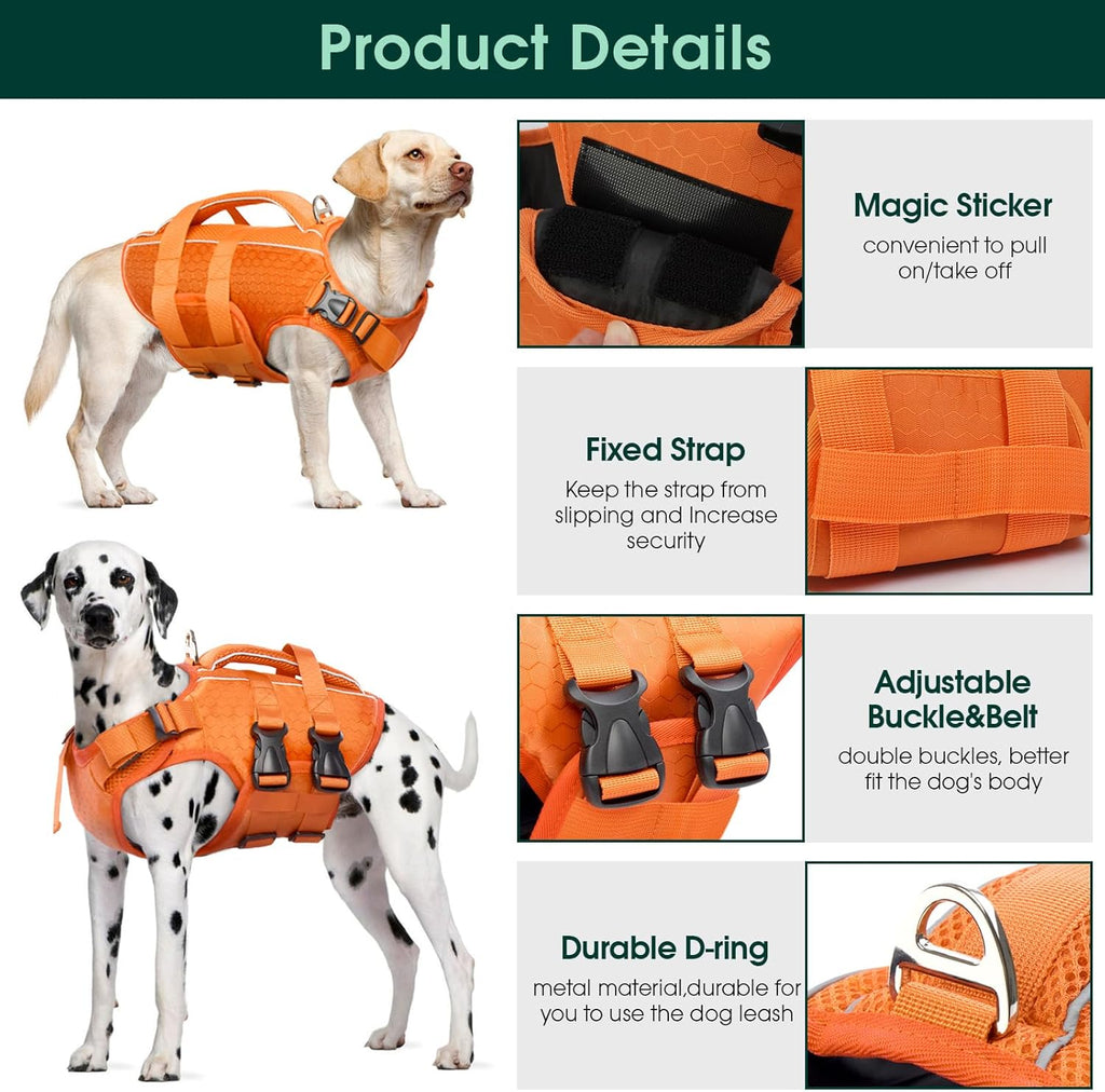 Kuoser Dog Life Jacket, High Flotation Reflective Dog Life Vest, Orange, L