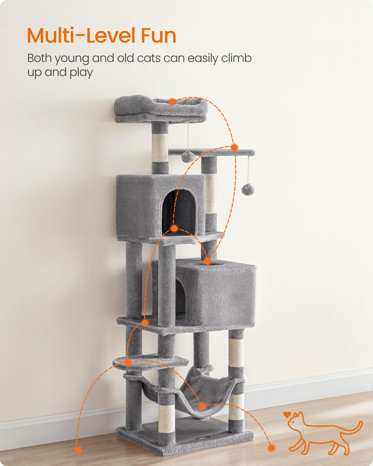Feandrea Cat Tree, 59.5-Inch Tall Cat Tower, Multi-Level Condo, Light Gray