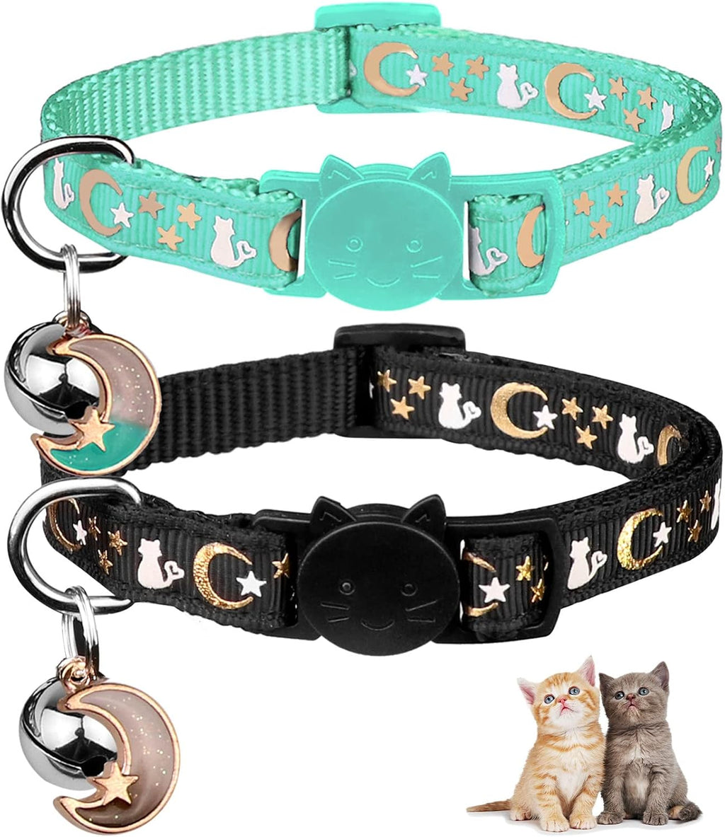 Baeuppit 2PCS Breakaway Cat Collars with Bell Cute Kitty Glow in The Dark Adjustable Kitten Collars(Grey&Black)