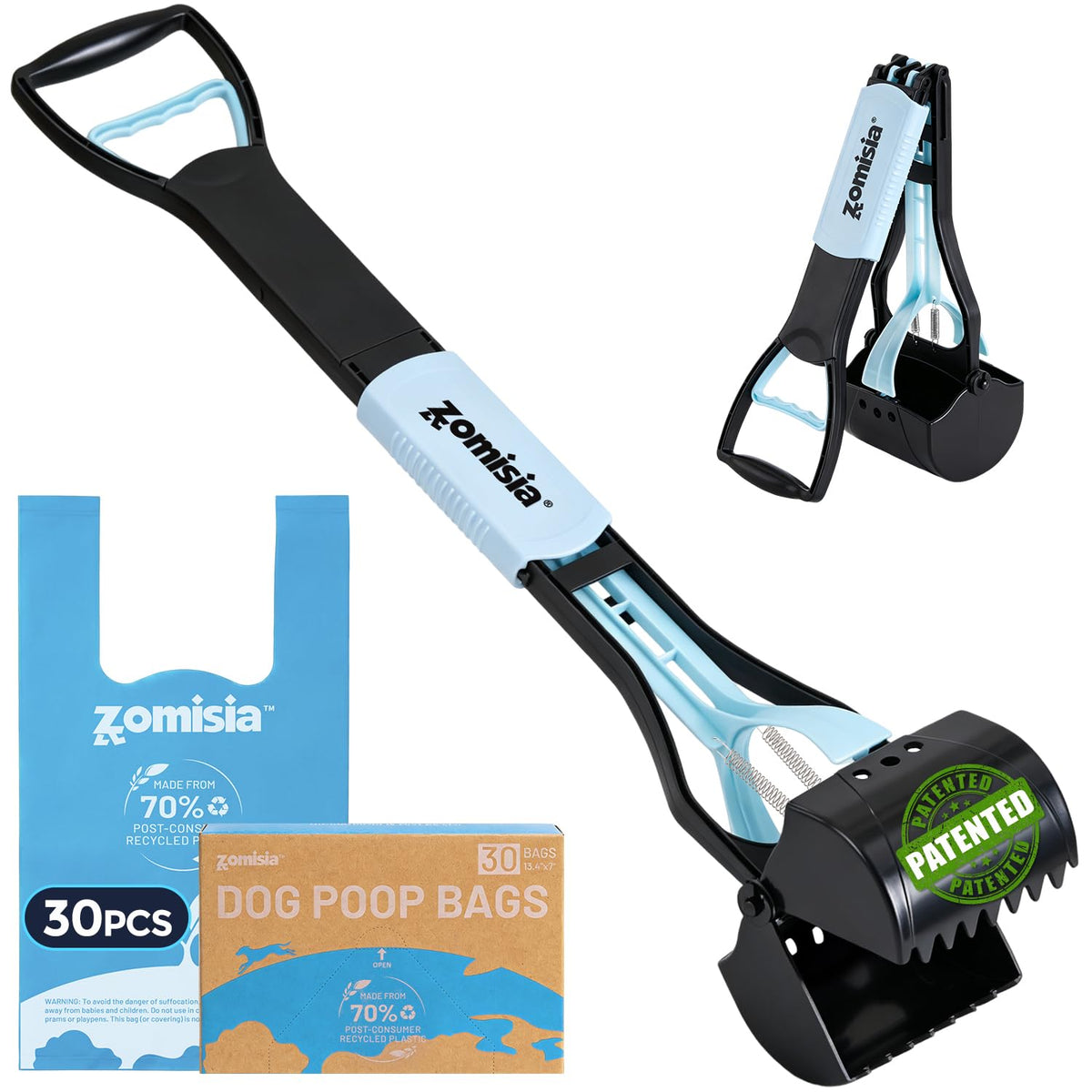 ZOMISIA 32" Long Handle Collapsible Pooper Scooper with 30 Count Waste Bags