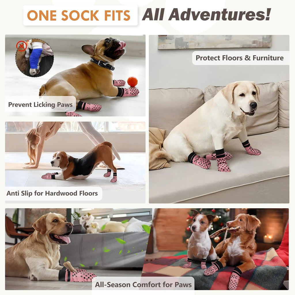 Anti Slip Dog Socks to Prevent Licking Paws, Dog Shoes for Hot/Cold Pavement, Dog Boots on Hardwood Floors, Traction Con