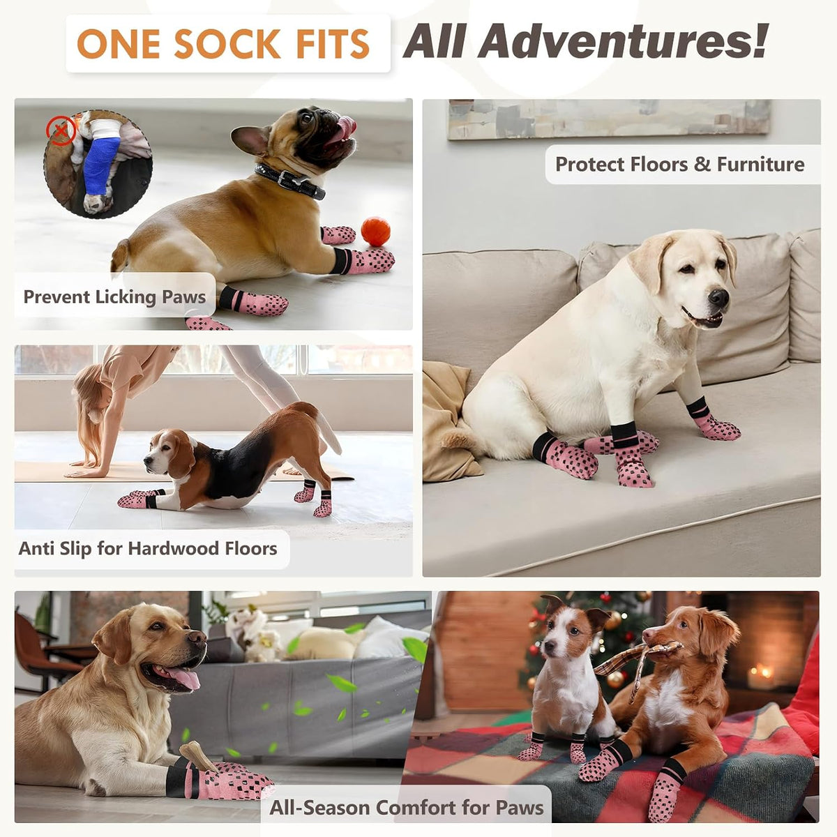 Anti Slip Dog Socks to Prevent Licking Paws, Dog Shoes for Hot/Cold Pavement, Dog Boots on Hardwood Floors, Traction Con