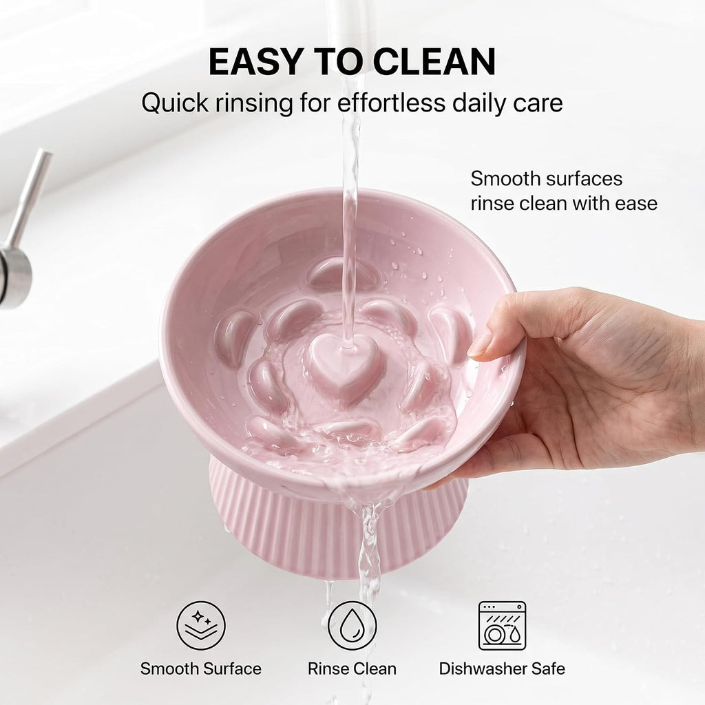 Elevated Slow Feeder Cat Bowl Ceramic Raised Feeder Pink