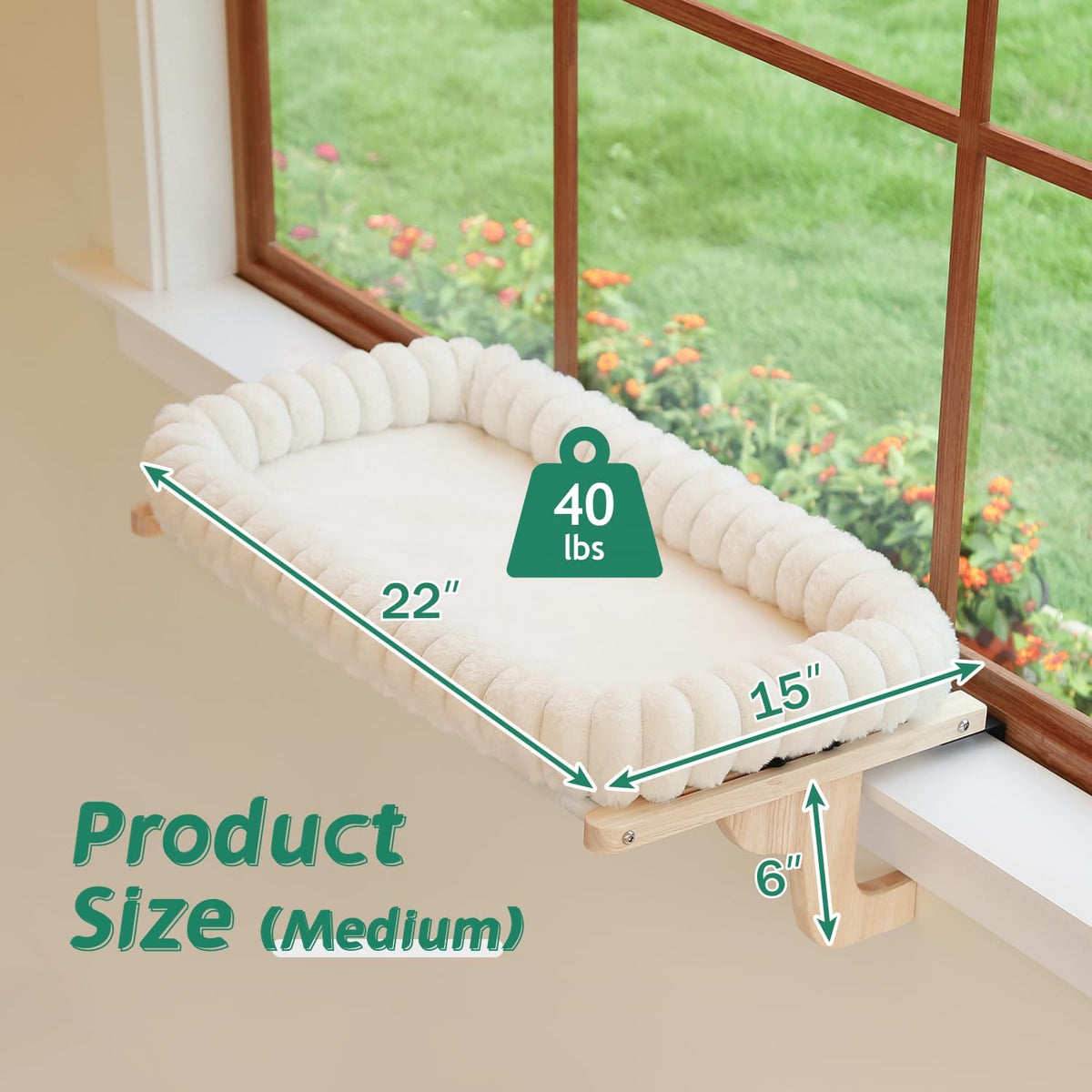 Zakkart SnugCloud Cat Perch for Windowsill (Natural Wood/Cream White, M)