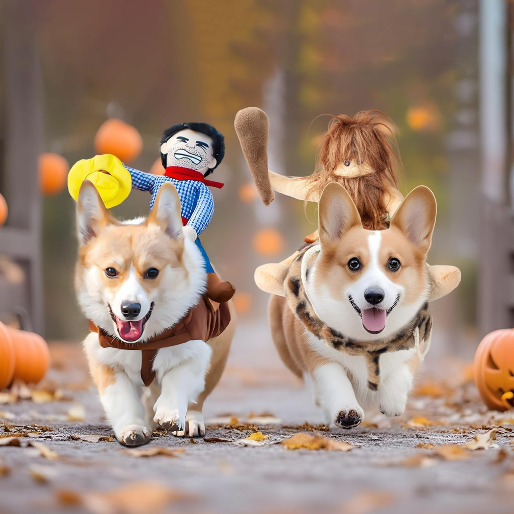 DELIFUR Dog Halloween Costume Funny Dog Cowboy Riding Costume Pet Costume Cat Suit Cowboy Rider Style for Small Medium Large Dogs (Primitive Man, Large)