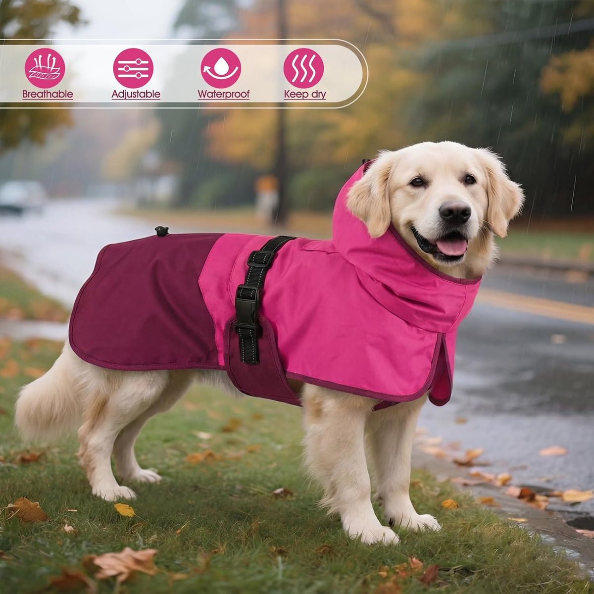 BRKURLEG Dog Raincoat, Waterproof Rain Jacket with Hood, Rose Red, M