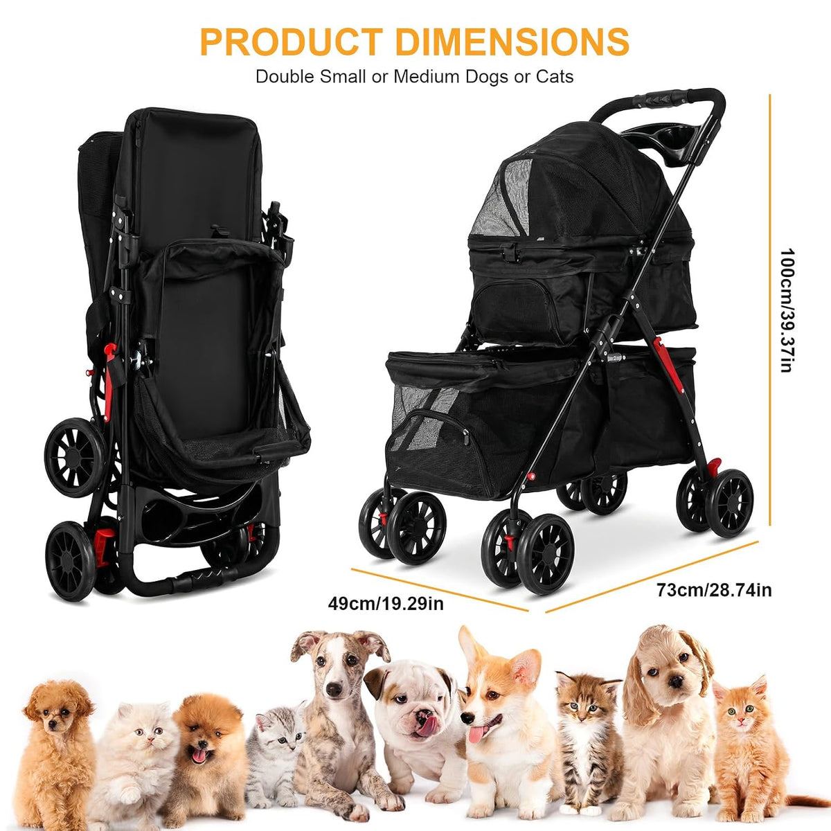 Double Pet Stroller for Small Cats and Dogs Foldable Kittens Puppies Travel Strolling Cart with Belts Cup Holder & Locka