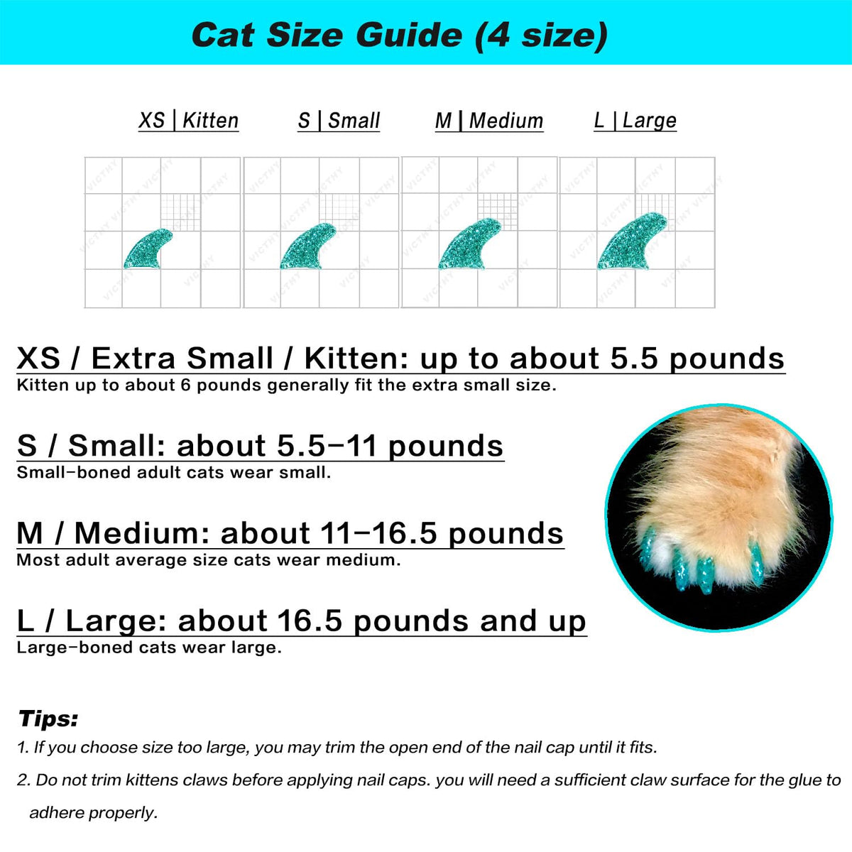 VICTHY 160pcs(16 Colors) Cat Nail Caps Cat Claw Caps Cat Nail Covers with Adhesives and Applicators (Medium)