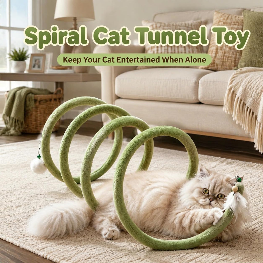 Shapeable Bendable Plush Spiral Cat Tunnel Toy with Bell & Feather 28*12in