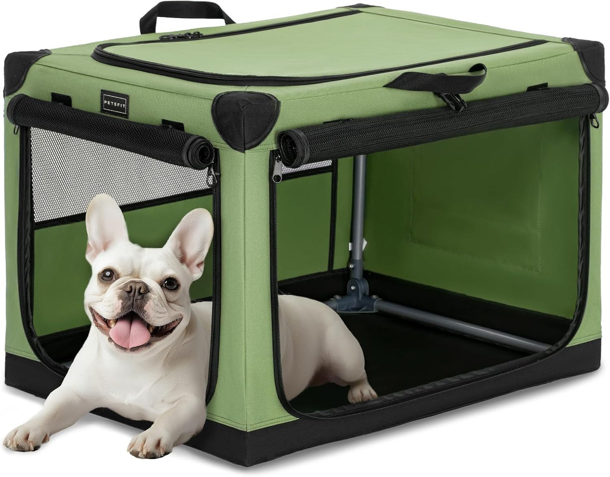 PETSFIT 30" Soft Portable Dog Crate – Patented Spiral Sturdy Frame, Collapsible Travel Kennel for Medium Dogs, 3 Mesh Do