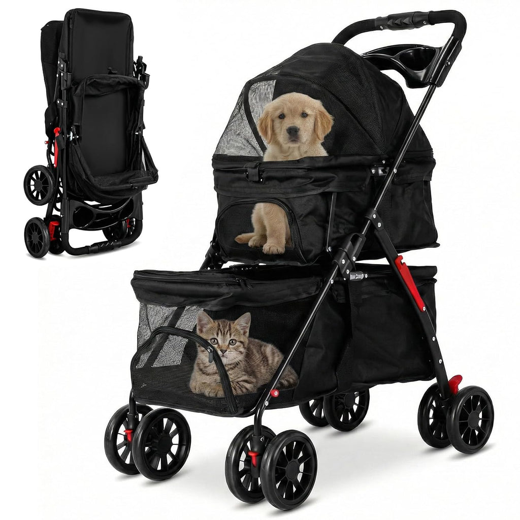 Double Pet Stroller for Small Cats and Dogs Foldable Kittens Puppies Travel Strolling Cart with Belts Cup Holder & Locka
