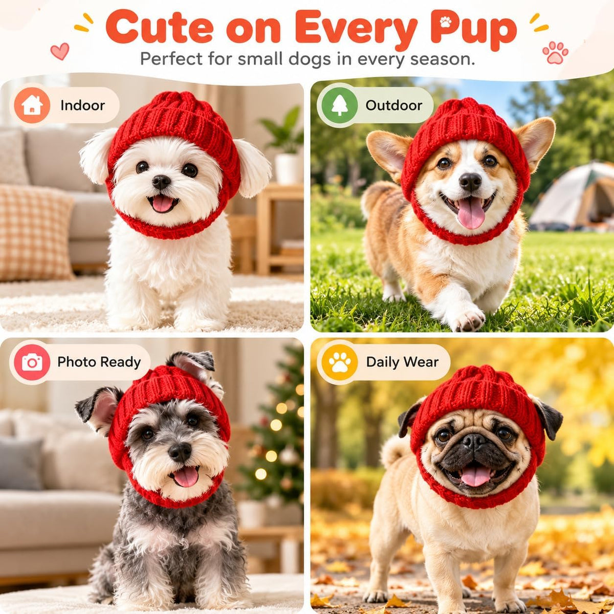 Warm Knitted Dog Beanie Hat with Ear Holes, Stretch Ribbed Winter Pet Headwear with Chin Strap, Cute Cold Weather Dog Ca