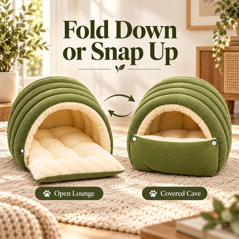 Upgrade Dog Cave Bed for Small Dogs and Cats, Covered Pet Bed with Plush Interior and Ribbed Exterior, Cozy Indoor Hidea
