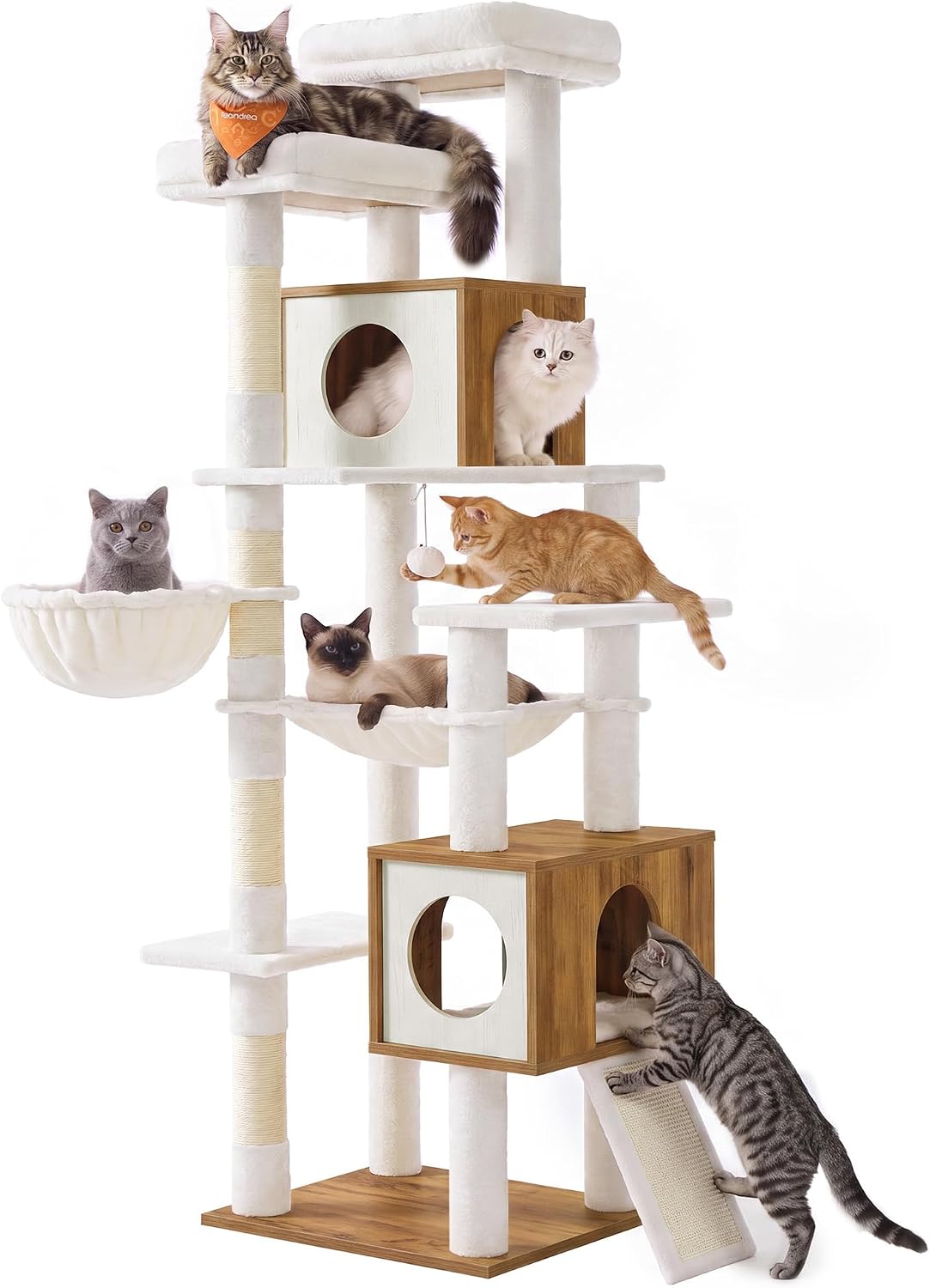 Feandrea Tall Cat Tree, 8-Tier Wood Tower with 2 Condos, Scratching Post