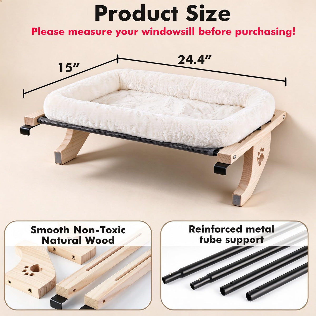 AMOSIJOY Wooden Cat Windowsill Perch with Zipper Cushion Bed, 24.4in