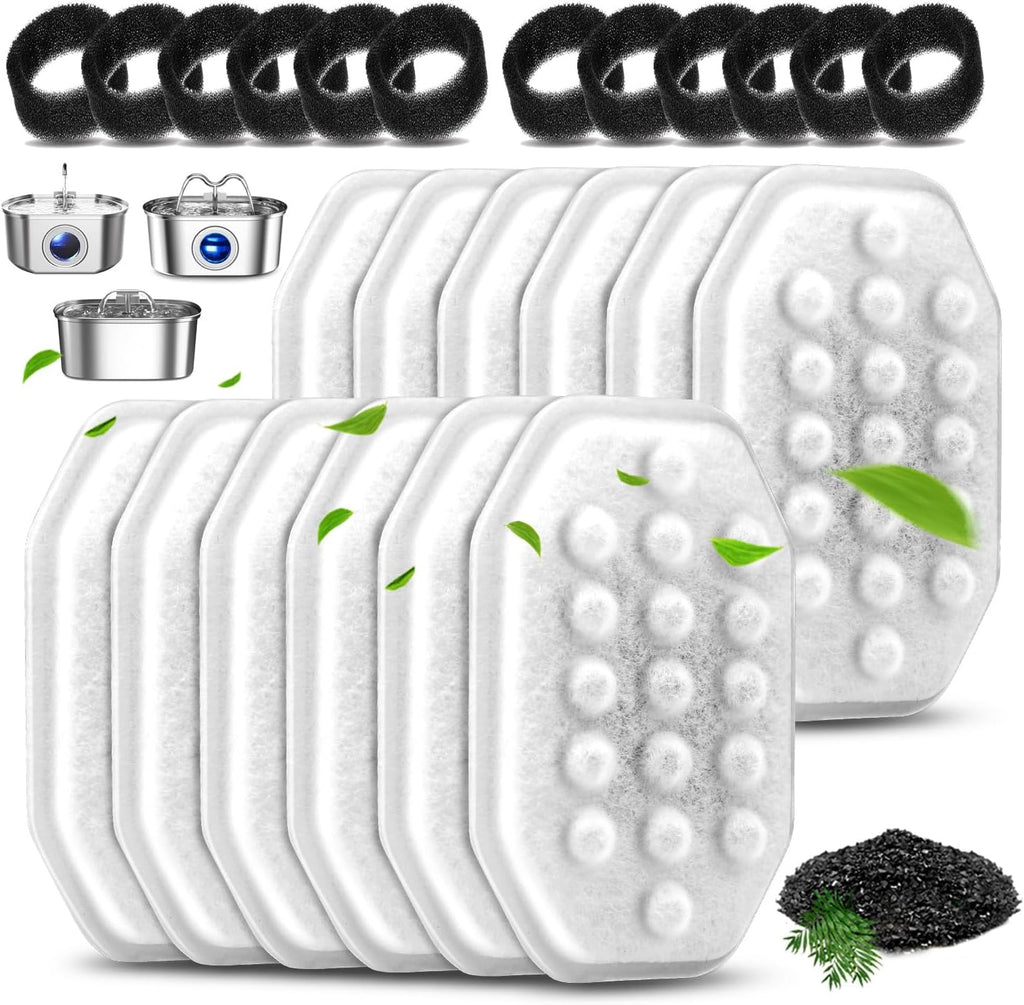 8 Pack Cat Water Fountain Filters with 8 Pack Pre-Filter Sponges Set for 3.2L/108oz Pet Cat Water Fountain, Pet Fountain