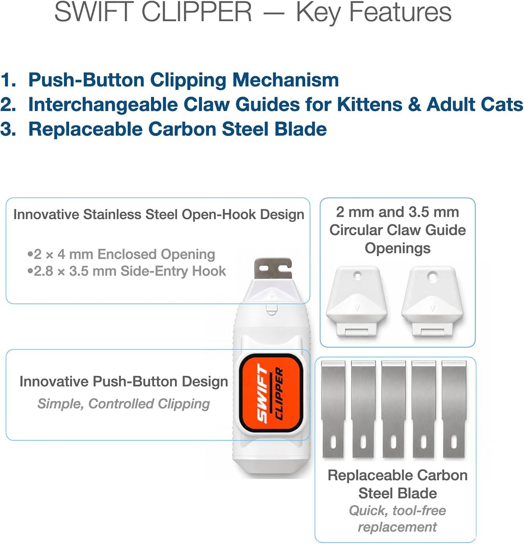 SWIFT CLIPPER® Safe Push-Button Cat Claw Clipper for Cats & Small Pets, Circular Cut Hole, Stainless Steel Clipping Head