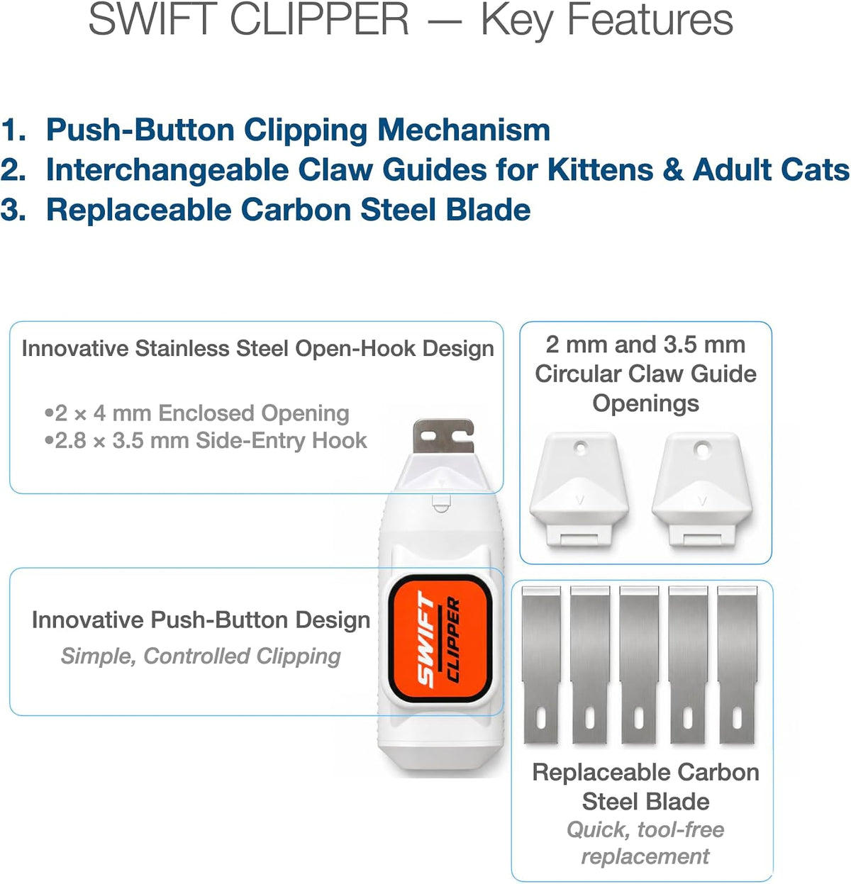 SWIFT CLIPPER® Safe Push-Button Cat Claw Clipper for Cats & Small Pets, Circular Cut Hole, Stainless Steel Clipping Head
