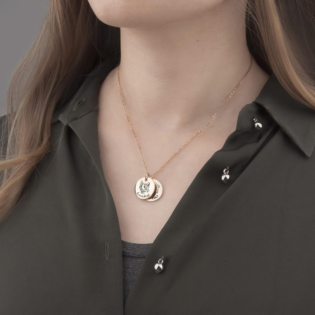 Anavia Personalized Pet Portrait Necklace, Handmade Memorial Jewelry Gift, Custom Round Disc Photo Engraved Necklace for