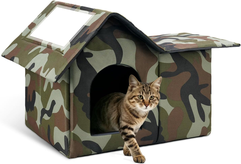 Outdoor Cat House Weatherproof, Large Feral Cat House for Winter, Collapsible Outdoor Cats Shelter with Door and Soft Ma