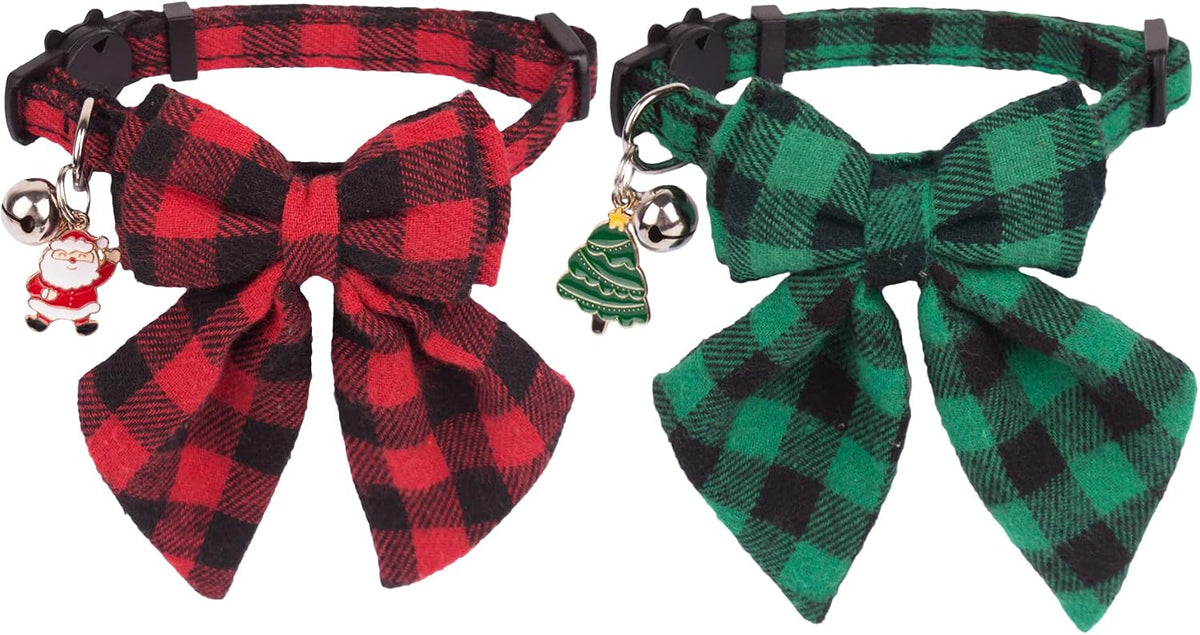 PTDECOR Fall Cat Collar with Stylish Bow, Thanksgiving Orange Plaid Collar