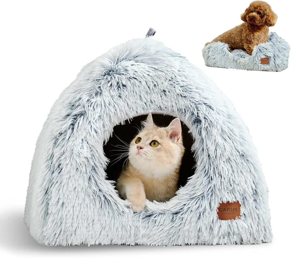 Cat Bed, Cat Cave for Indoor Cats, Soft Cat Dome, Self-Warming 2 in 1 Foldable Pet Cat House with Washable Cushioned Pil