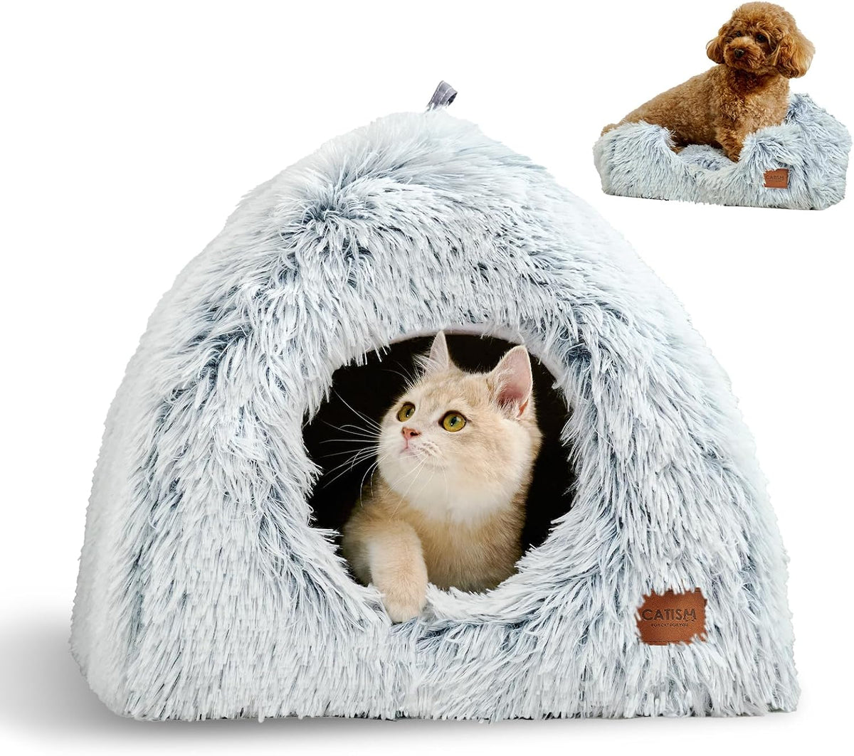Cat Bed, Cat Cave for Indoor Cats, Soft Cat Dome, Self-Warming 2 in 1 Foldable Pet Cat House with Washable Cushioned Pil
