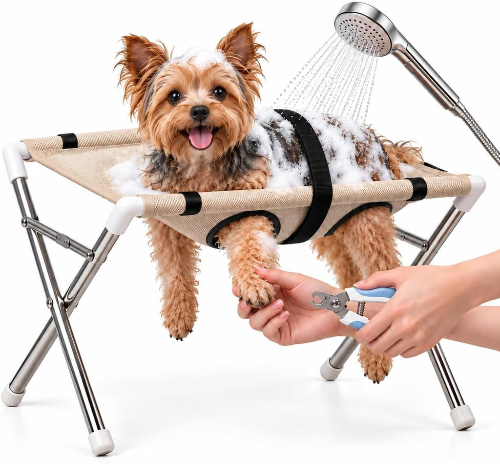 Dog Grooming Hammock with Stand for Small Dogs and Cats, Foldable Stainless Steel Frame, 8-Opening Mesh Sling for Nail T