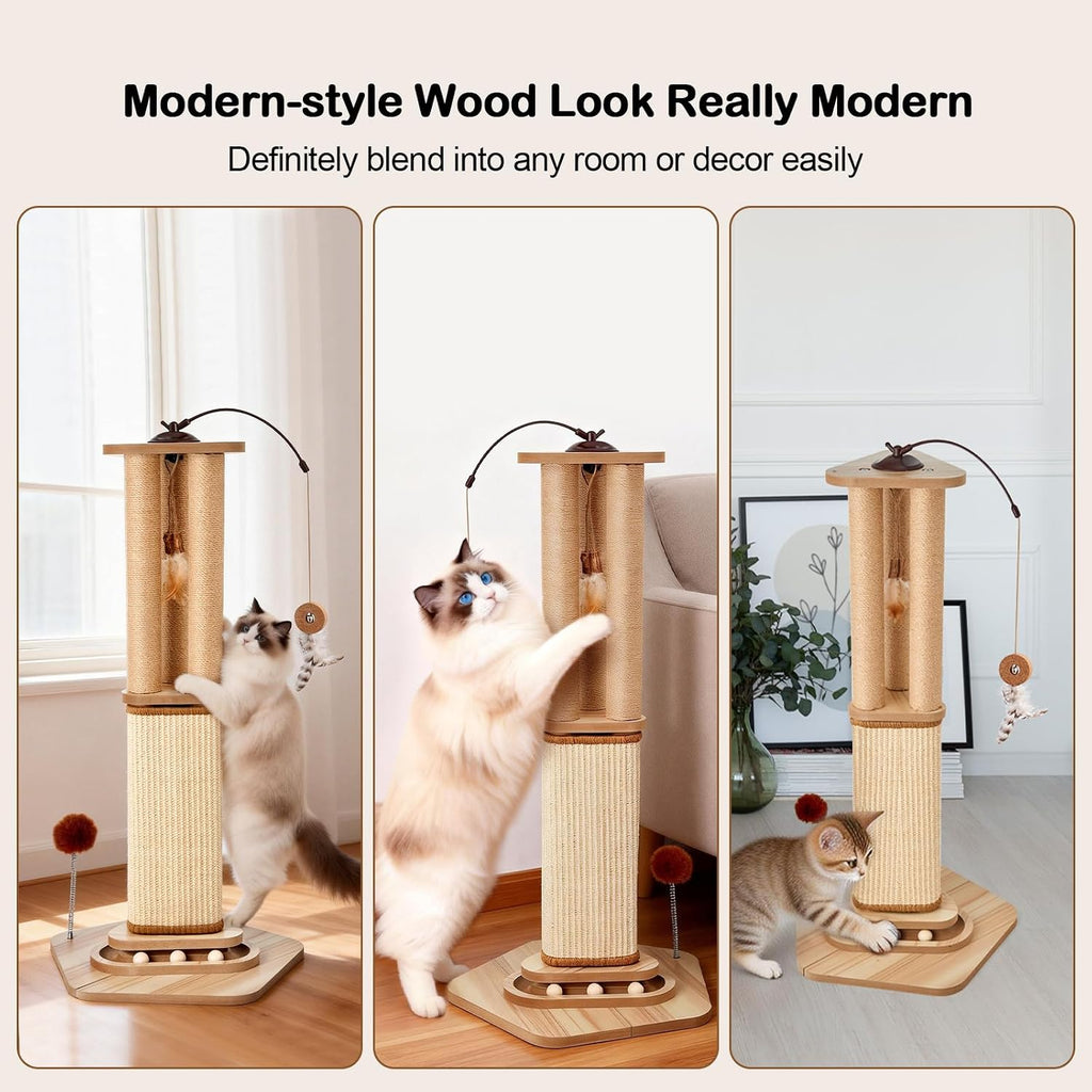 Odoland 34 Inch Cat Scratching Post for Multi Cats with 4 Interactive Toys