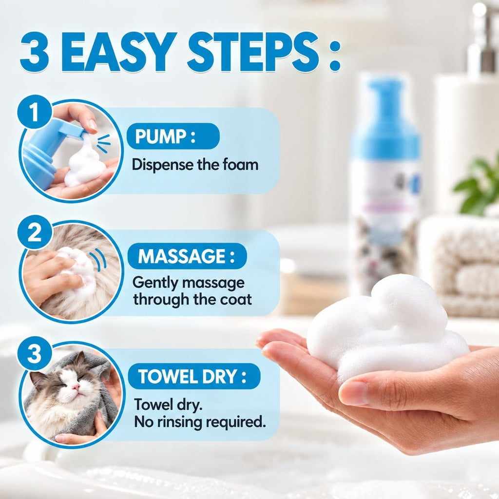 Mooncat Waterless Cat Shampoo, Short Hair Cats, No-Rinse Lick Safe Foam