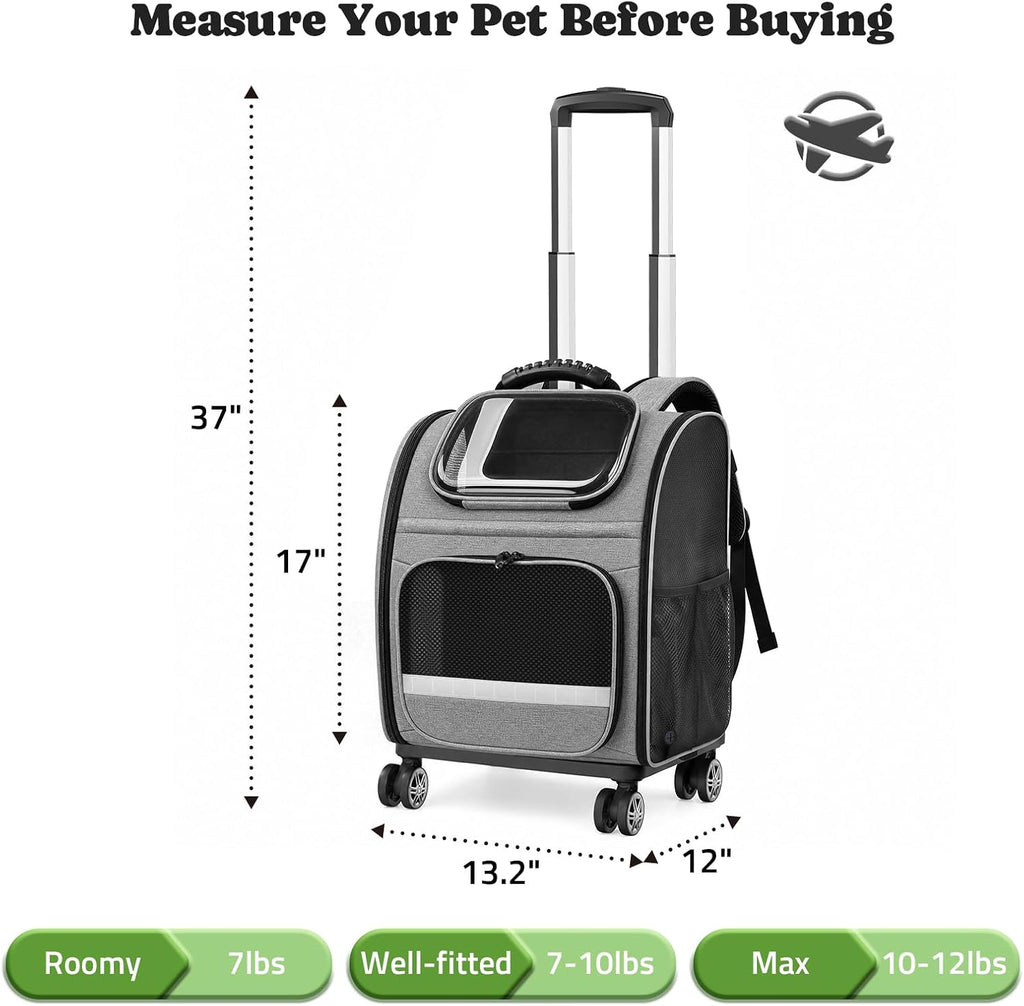 Rolling Cat Carrier Backpack with Wheels for Cats Small Dogs, Gray