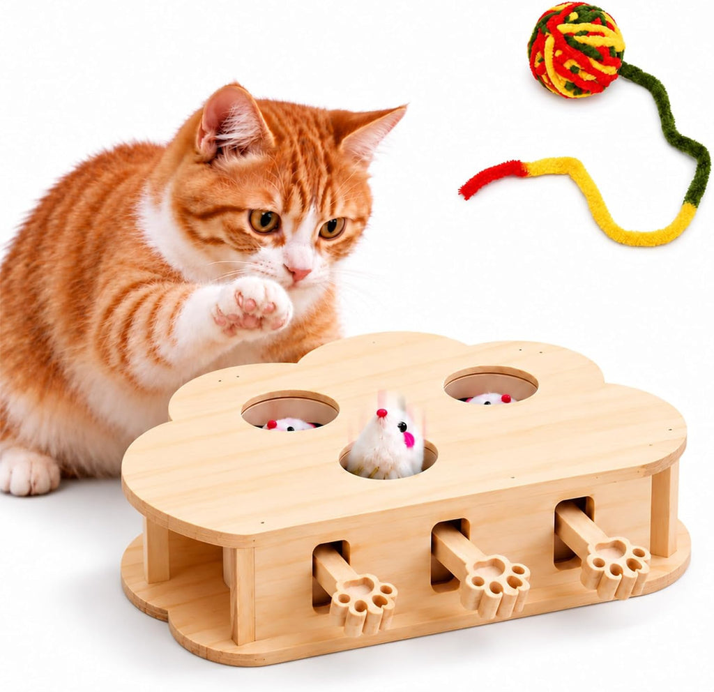 Wooden Whack-A-Mole Pet Game for Dog Cat Interactive Pop Up Puzzle Box, Solid Wood Interactive Cat Toy for Boredom Relie