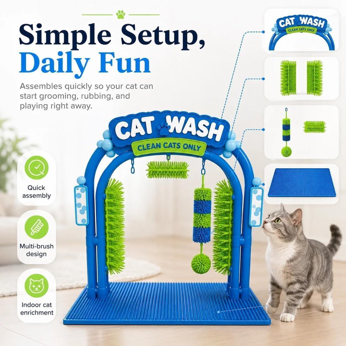 Cat Wash Grooming Station，Cat Car Wash Scratcher，Arch Grooming Station with Flexible Bristles, for Shedding, Hair Catche