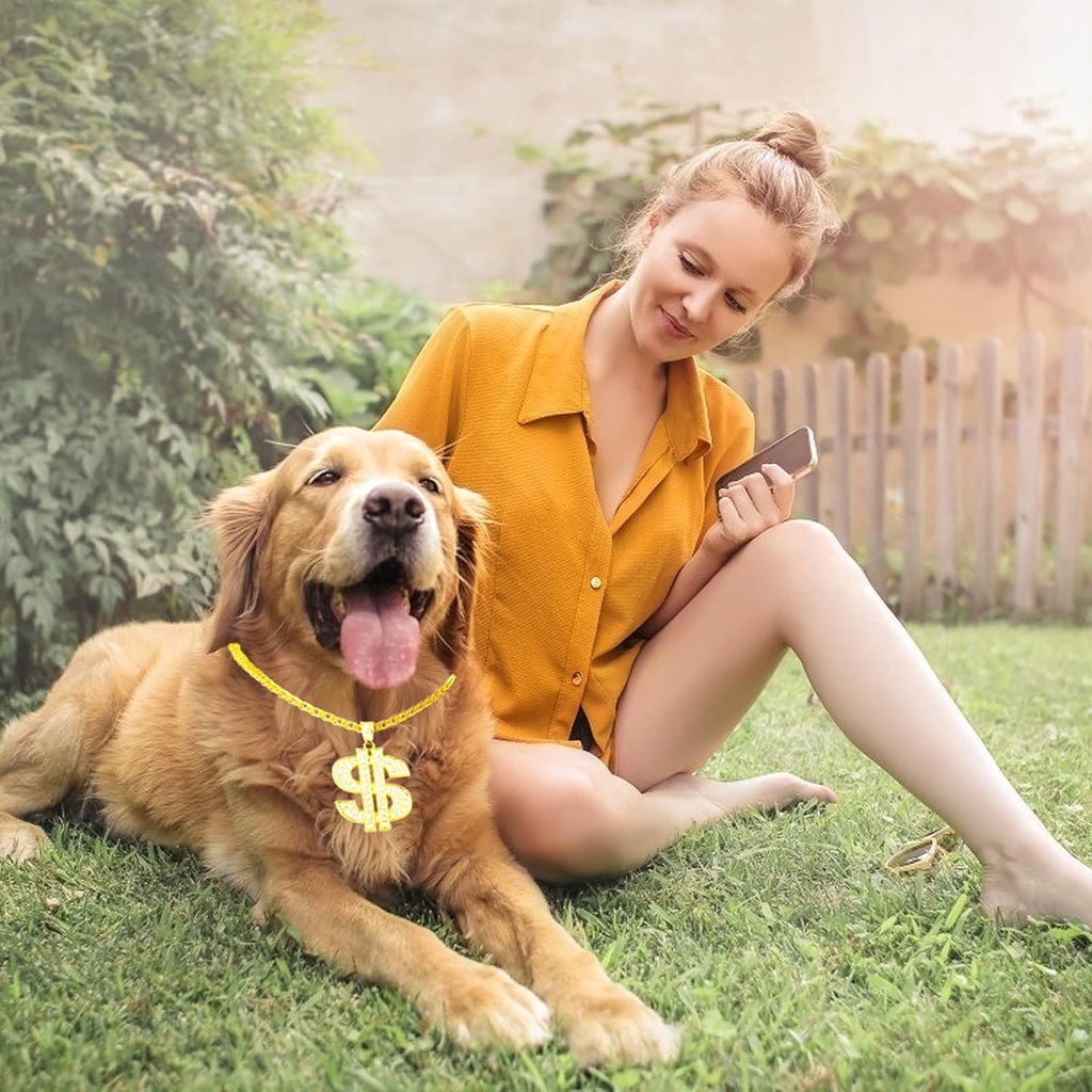 FUNKA Gold Chain Dog Collar Adjustable Cuban Link Dog Necklace with Crystal Dollar Sign Pendant Cute Fashion Pet Jewelry