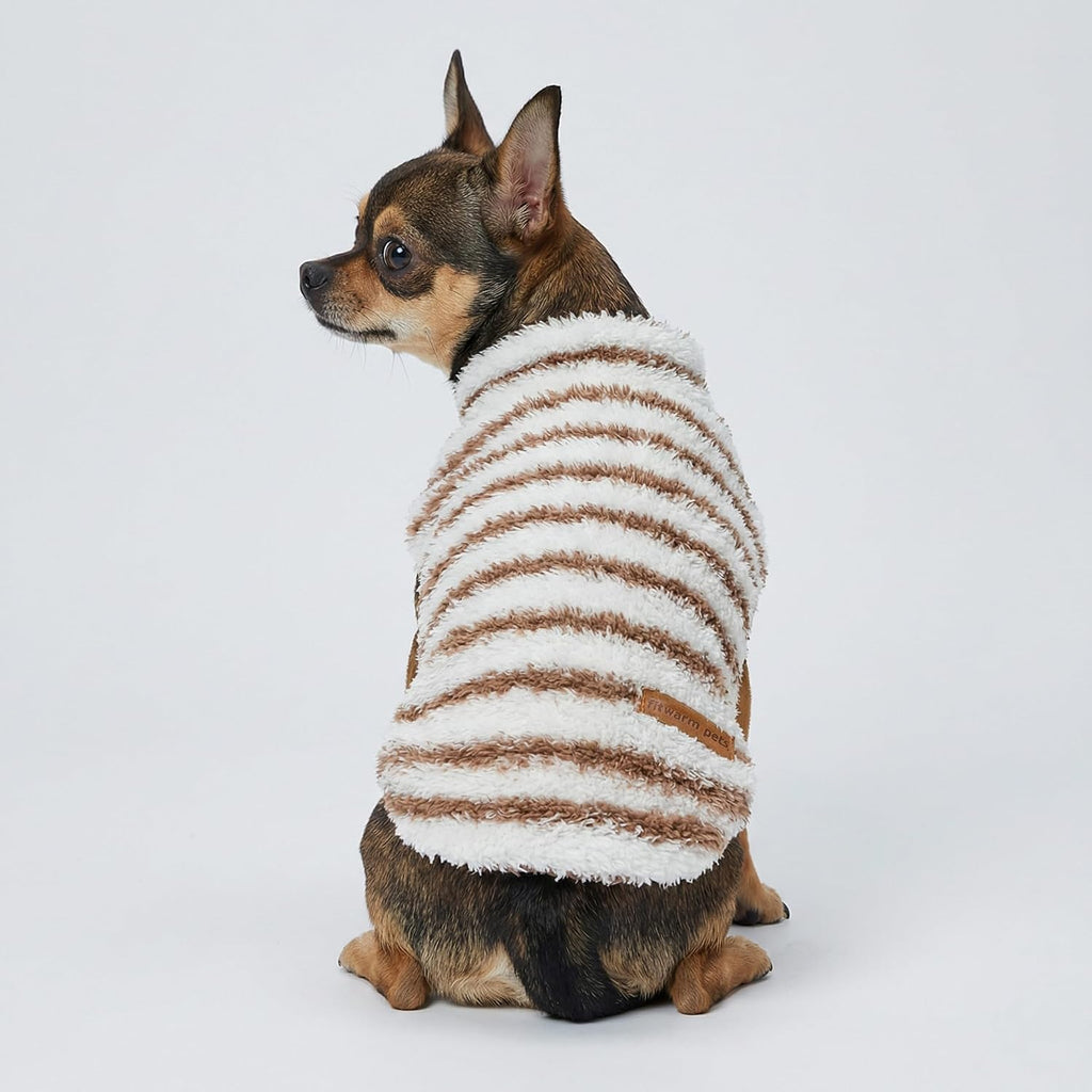Fitwarm 2 Pack Striped Fleece Dog Sweater, Warm Winter Clothes for Small Dogs Boy Girl, Fuzzy Pet Outfit, White, Brown, 