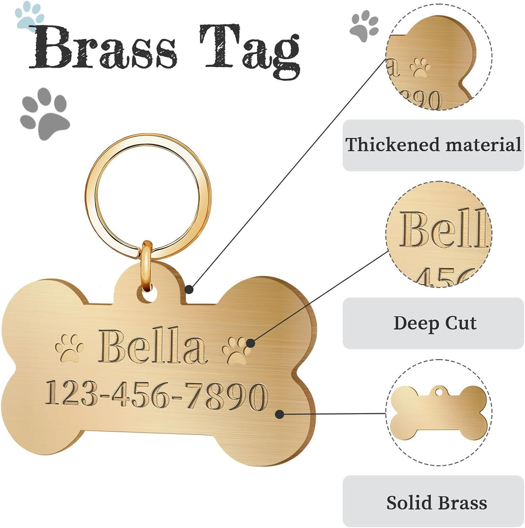 Personalized Brass Dog Tag, Custom Engraved Pet ID Tag Bone