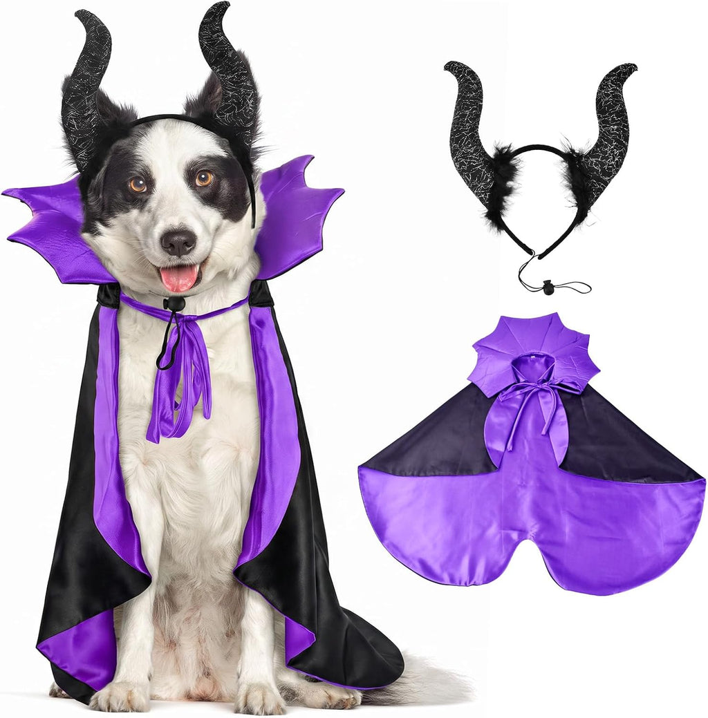 2 Pcs Dog Halloween Costume Set Cat Witch Vampire Cape Devil Horns Hat Holiday Clothes for Cat Puppy Halloween Party Pet