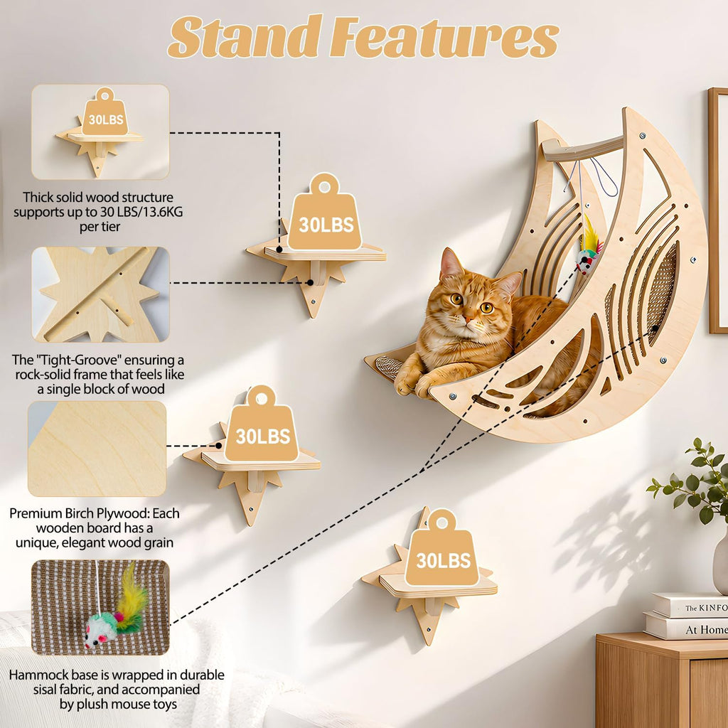 Moon & Star Cat Wall Shelves - Boho Wooden Indoor Cat Climbing Furniture